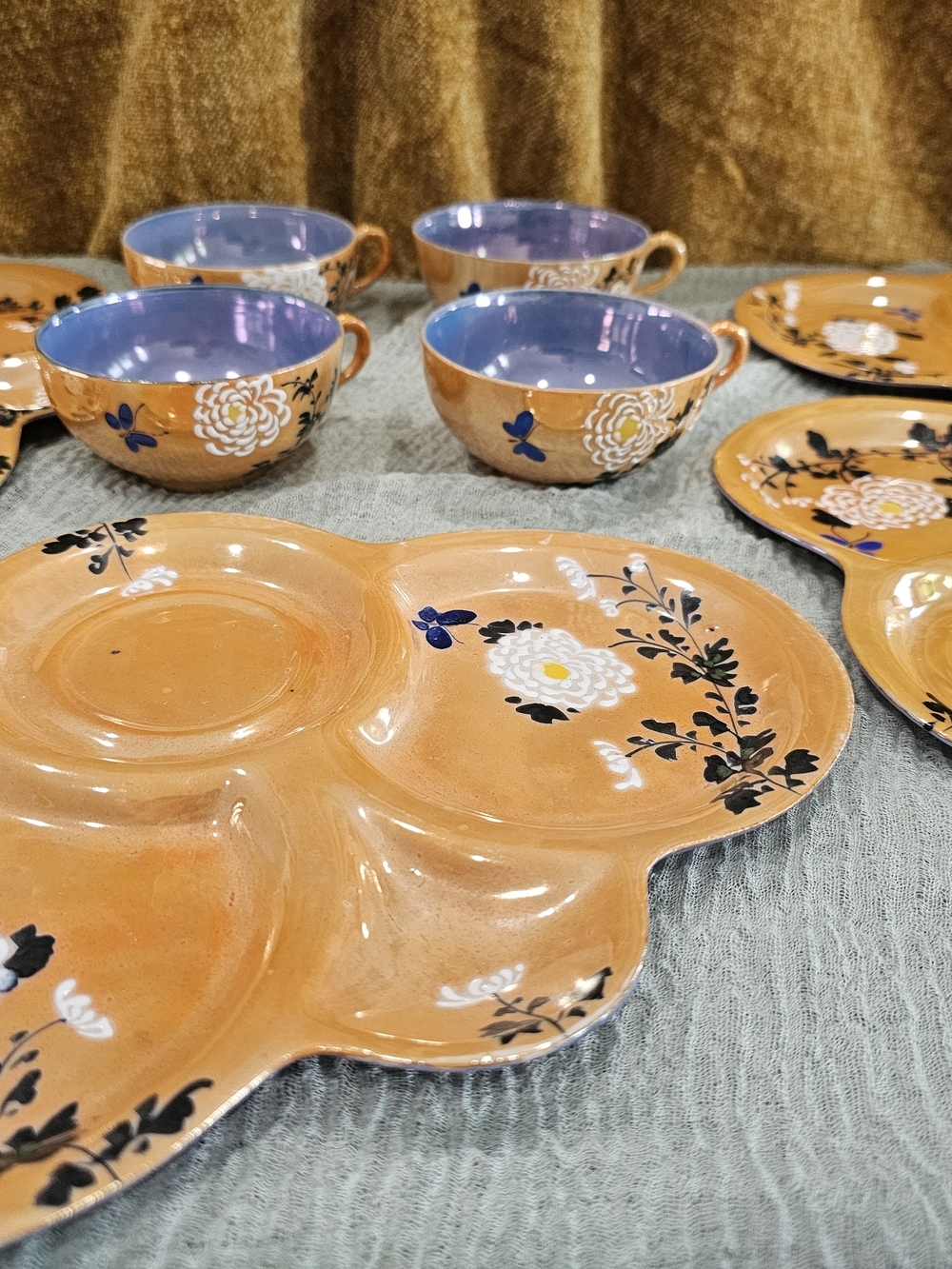 Vintage Lustreware Tea Set 4 Servings Hand Painted In Japan
